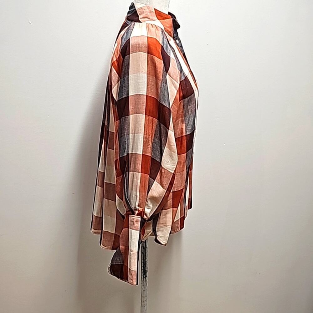 Joie Top Cider Orange Dia Plaid Button Front Long Puffy Sleeve Woman Size M - Picture 5 of 12